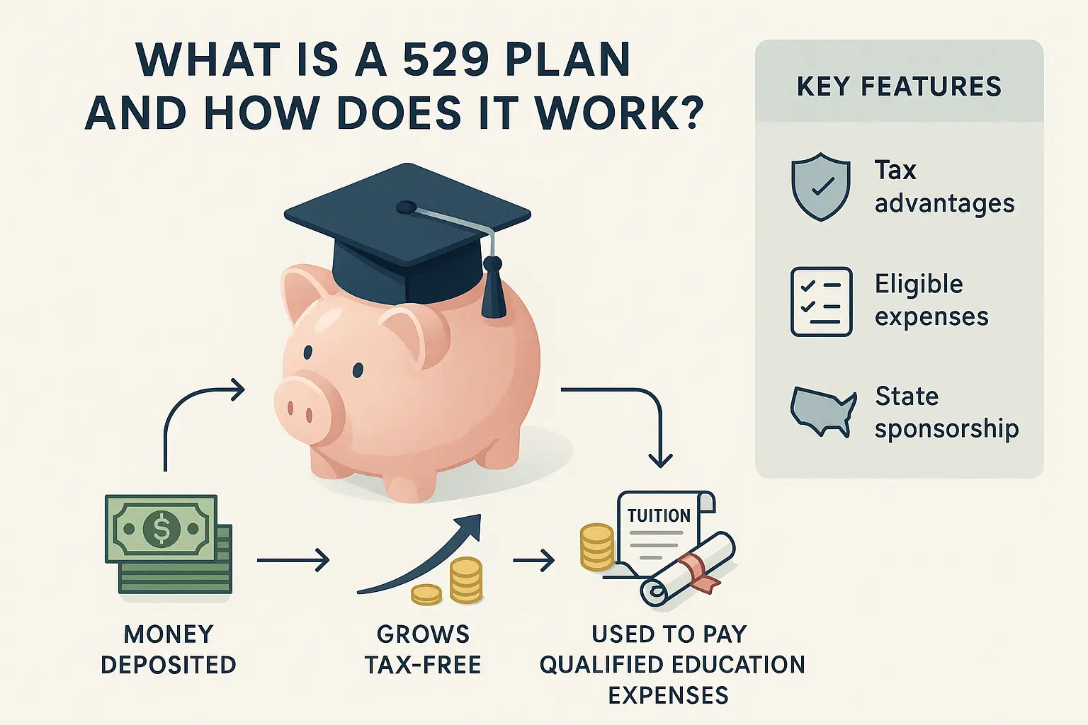 Education Plan Infographic illustrating contributions and tax-free growth, and a sidebar with icons for tax benefits, eligible expenses, and state sponsorship. Explanation of how a 529 plan works