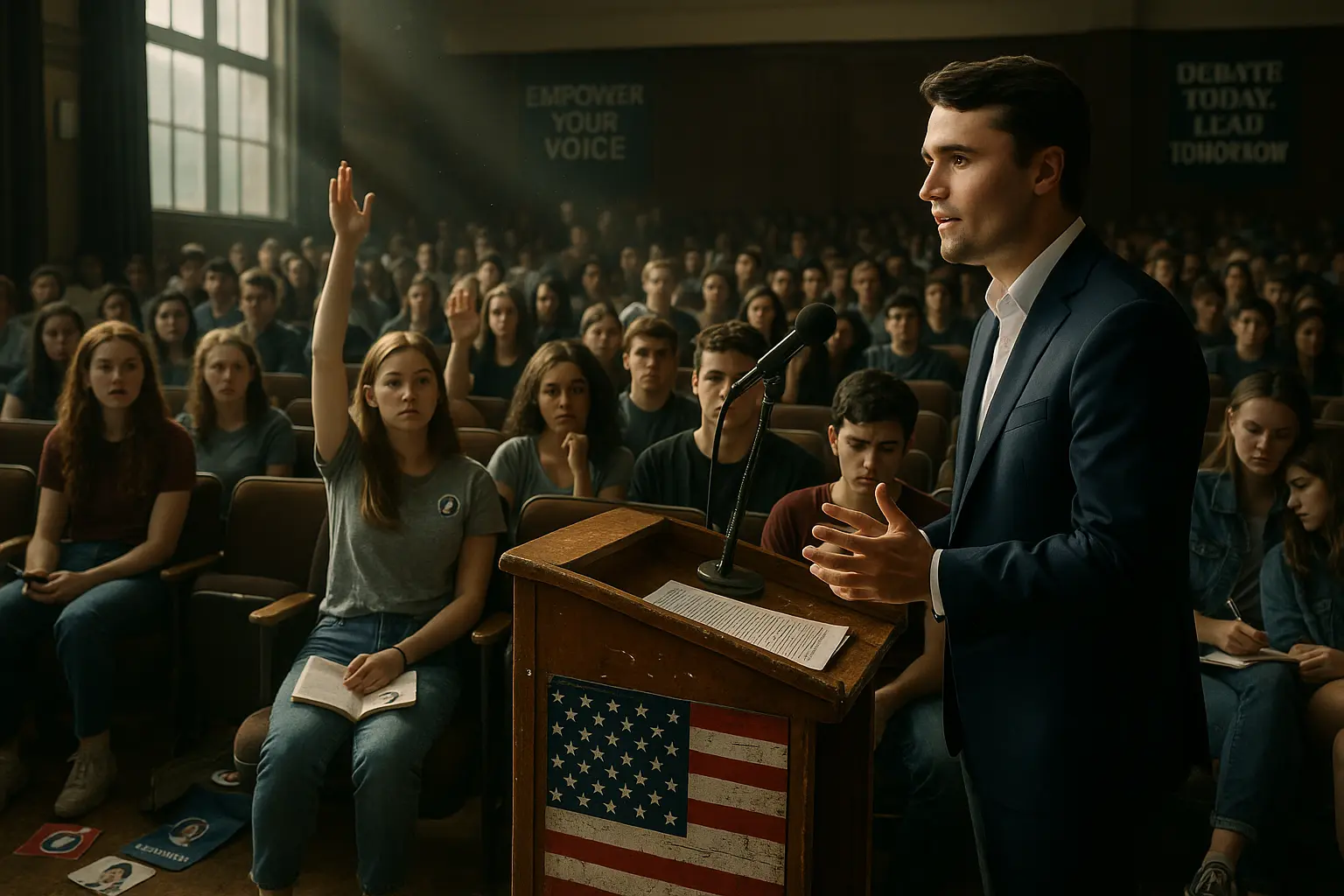 Charlie Kirk speaking in an auditorium